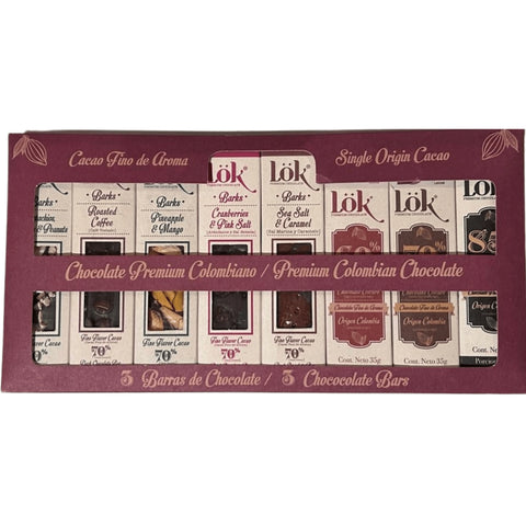 Packaging of Lok chocolate bars with various flavors on a white background