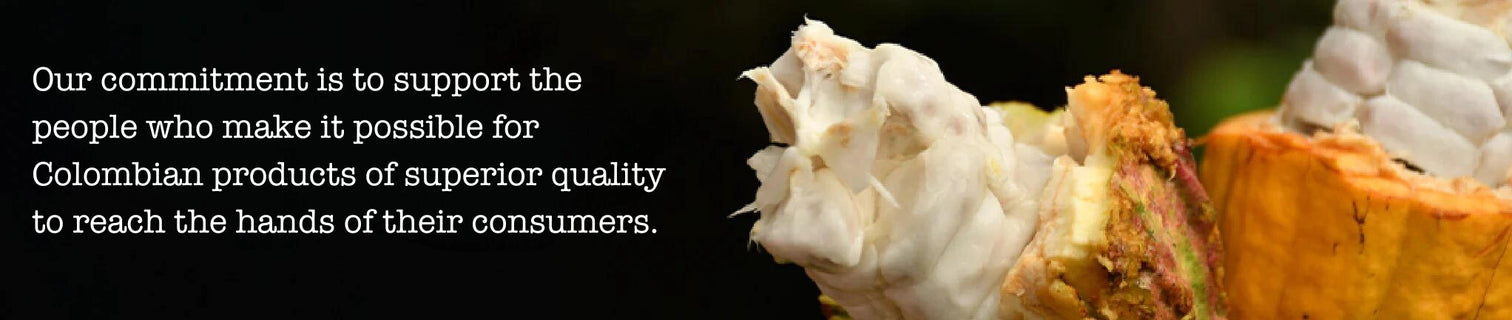 Close-up of a Colombian product with text about supporting people and quality products.